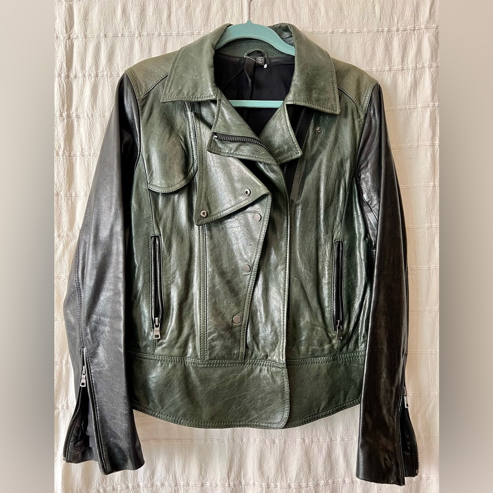 EDUN leather jacket. New. Black and green. Size Medium